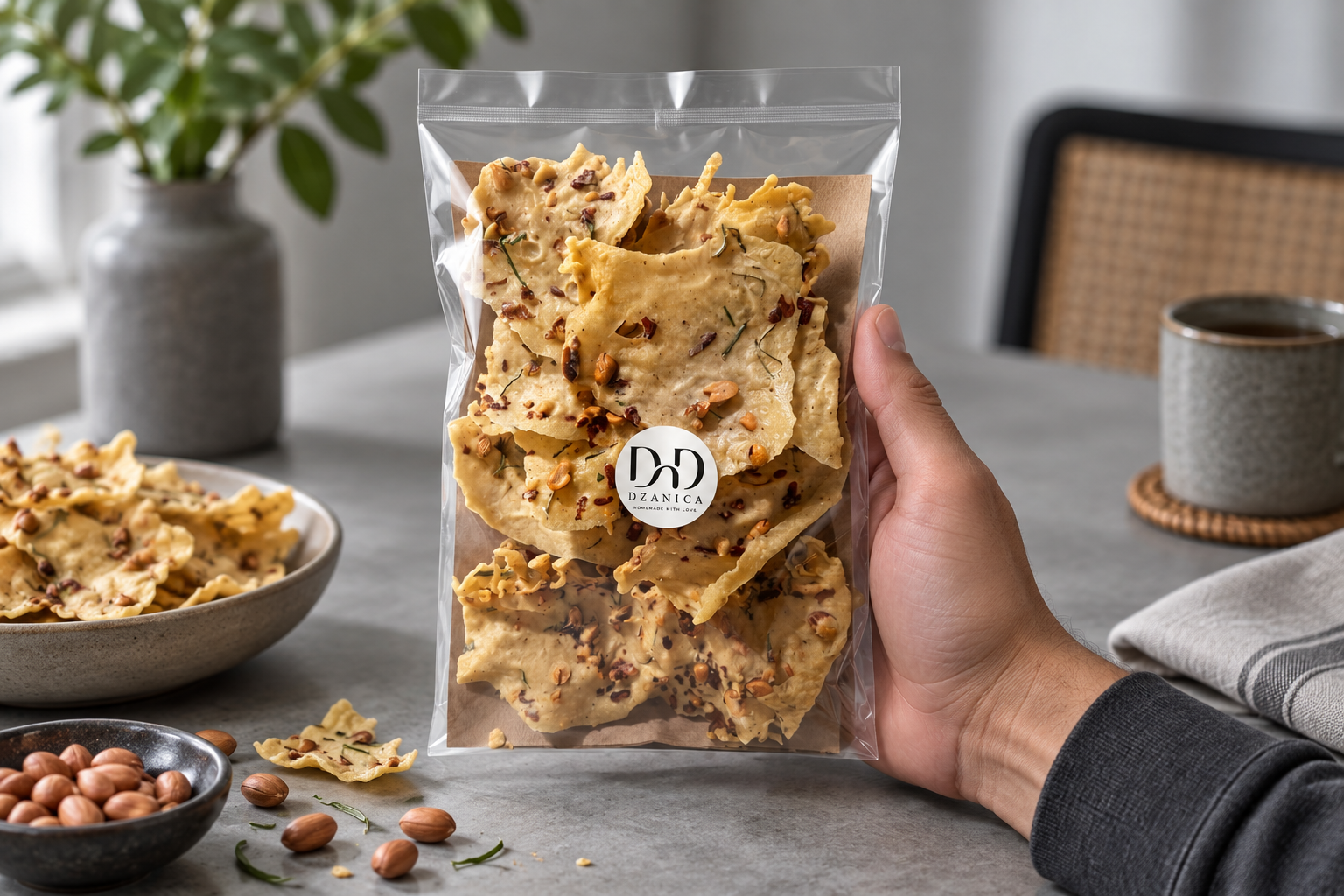 Keripik Dzanica bersama camilan dan minuman di meja